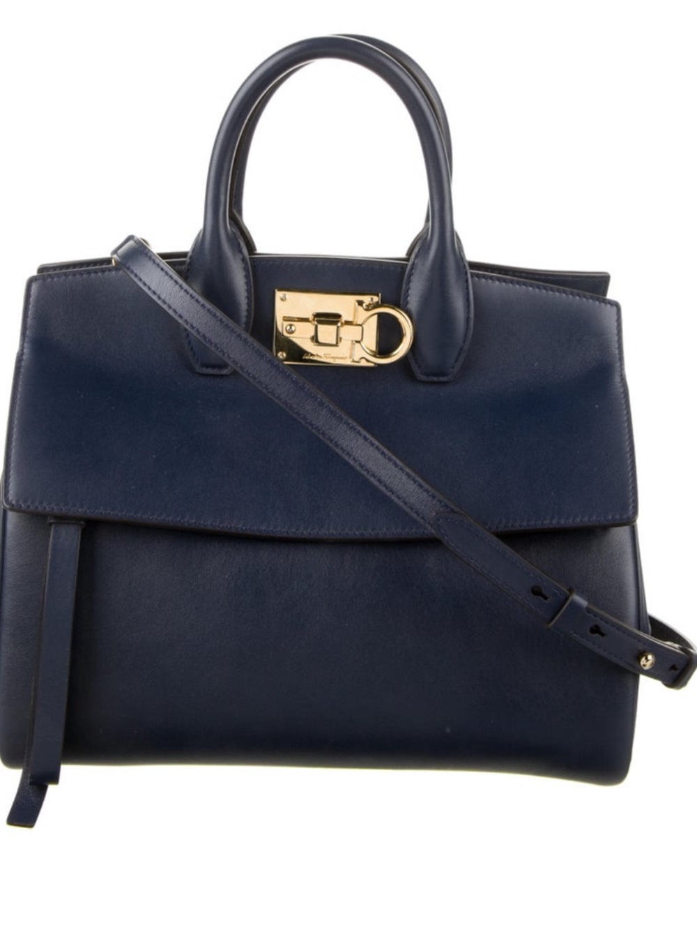 Salvatore Ferragamo Navy Leather Satchel with Gold Hardware
